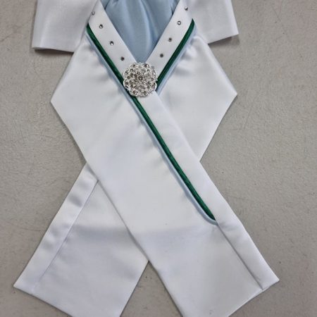 White Stock With Light Blue Centre W Green & Blue Piping With Bling