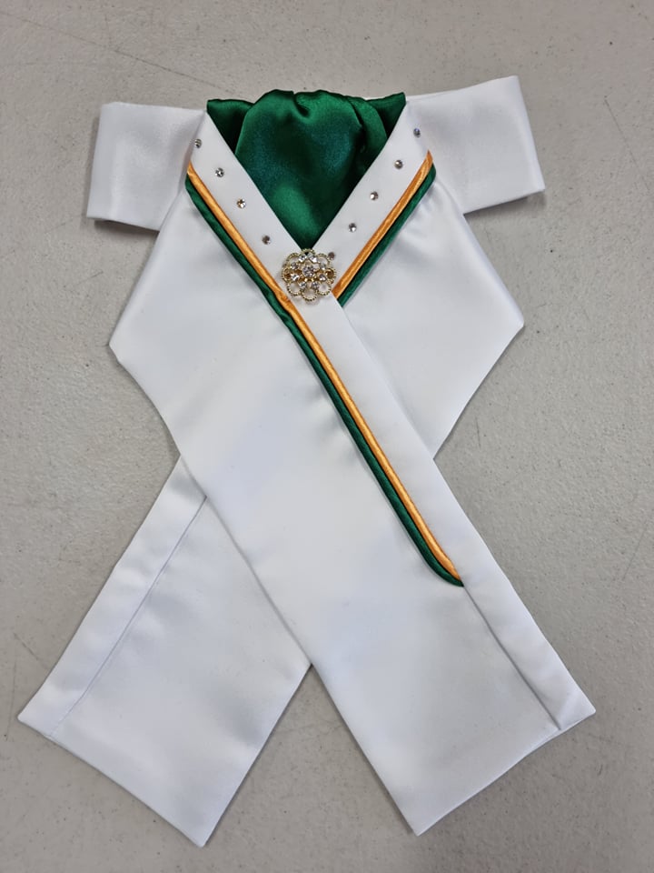 White Stock Green Centre With Green & Gold Piping With Bling