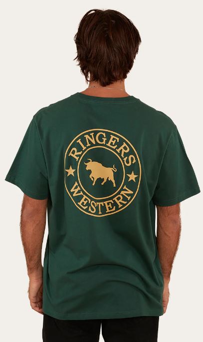 Ringers Western SIGNATURE BULL MENS LOOSE FIT T-SHIRT – PINE/VINTAGE GOLD