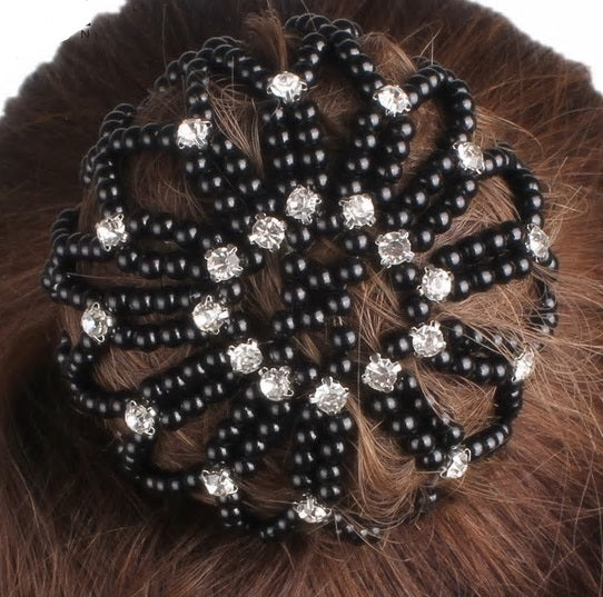 Hamag Pearl Bun Hair Net With Crystals – Black