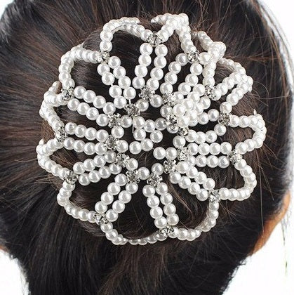 Hamag Pearl Bun Hair Net With Crystals – White