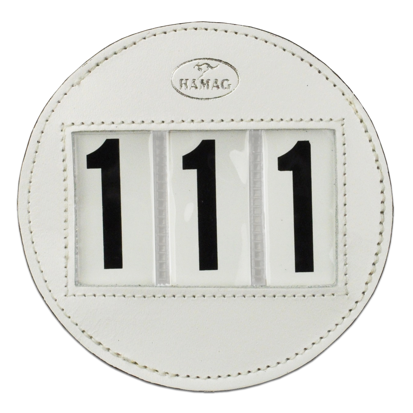 Hamag™ Round Leather Saddle Cloth Number Holders (Pair) – White 3 Digit