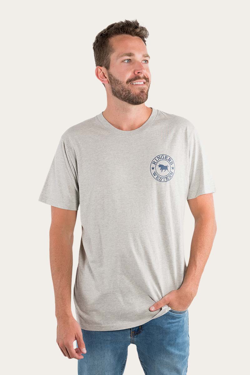 Ringers Western Signature Bull Mens Loose T-Shirt – Grey Marle With Navy Print