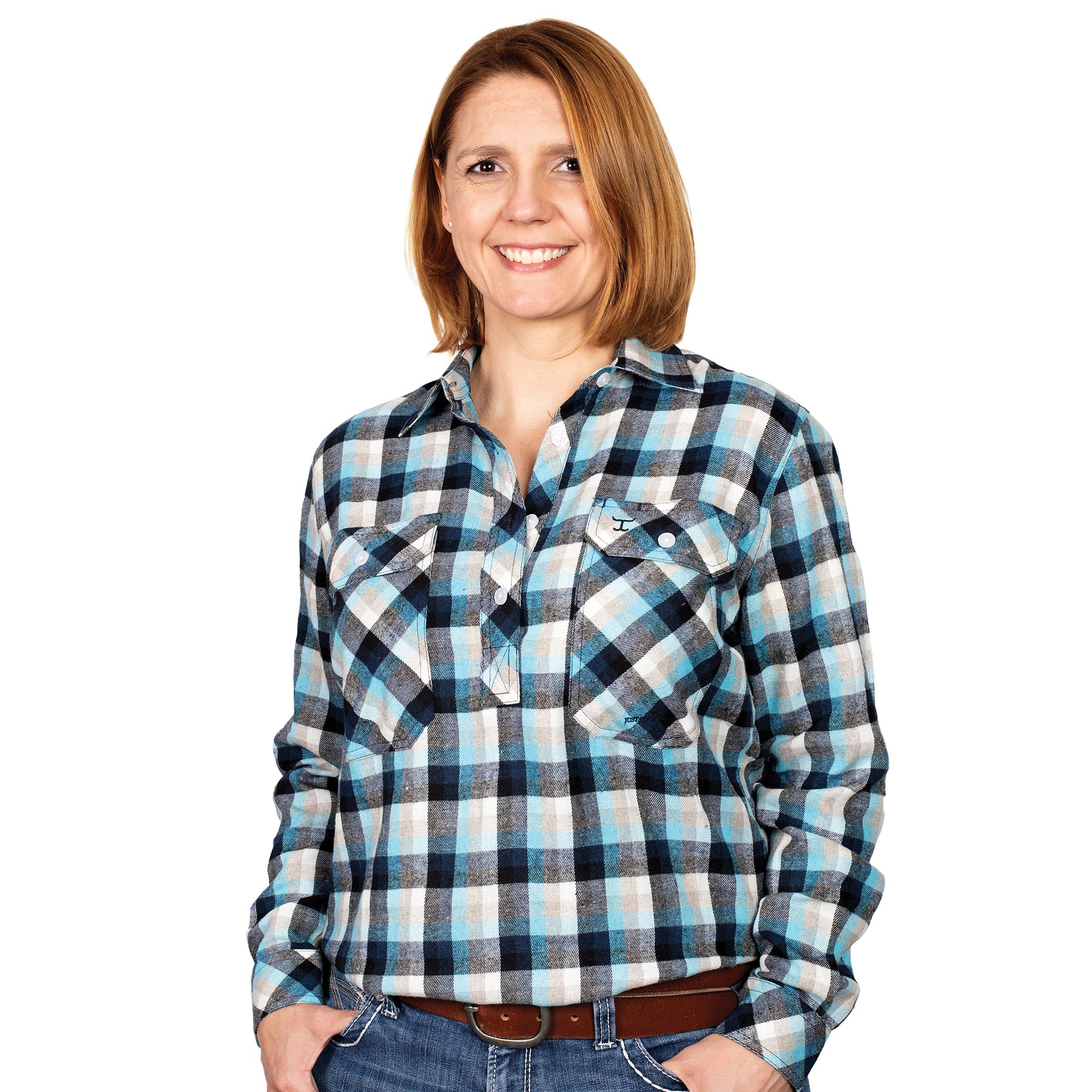JUST COUNTRY Women’s – Jahna Flannel – 1/2 Button-Navy/Sky