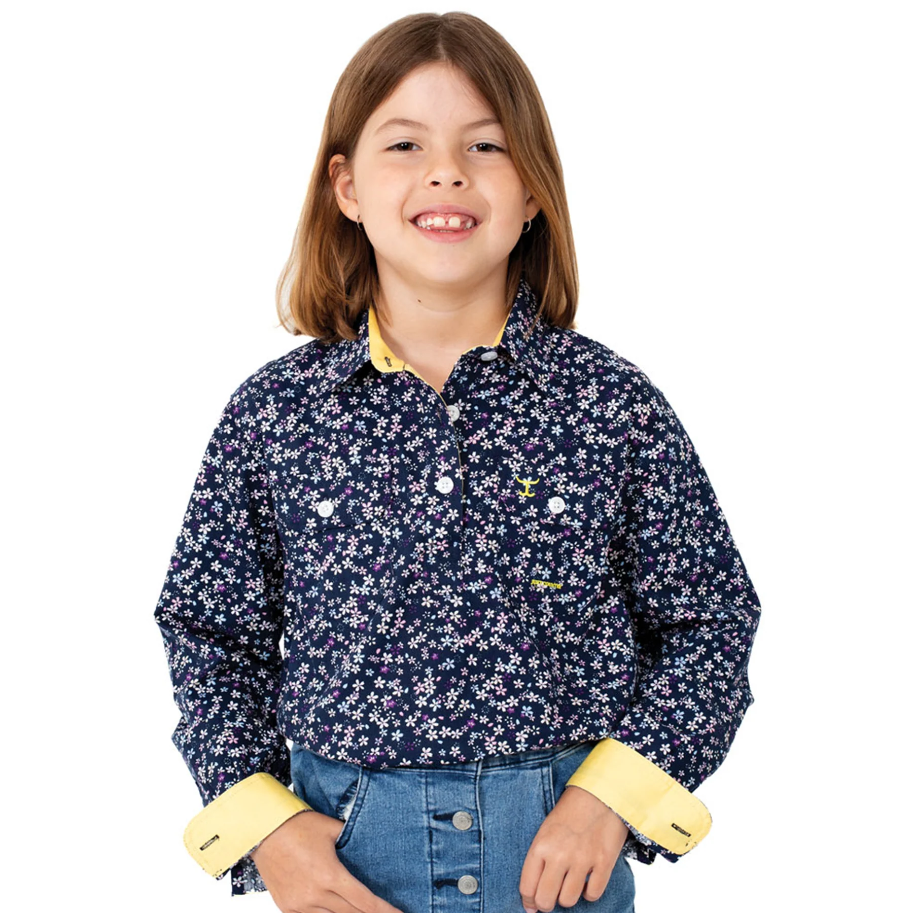 JUST COUNTRY Girl’s – Harper – 1/2 Button- Navy Star Flowers