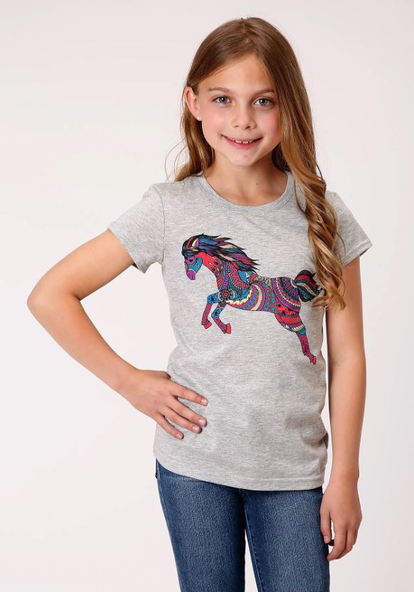 Roper Girl’s Five Star Collection Tee – Grey W/ Horse Print