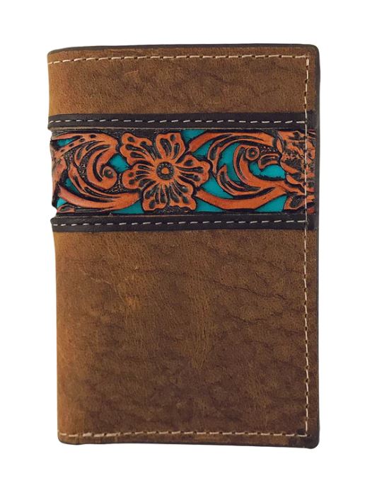 Roper Tri-fold Wallet – Tooled Leather W/ Turquoise