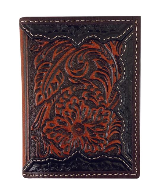 Roper Tri-Fold Wallet – Tooled Leather Dark Brown