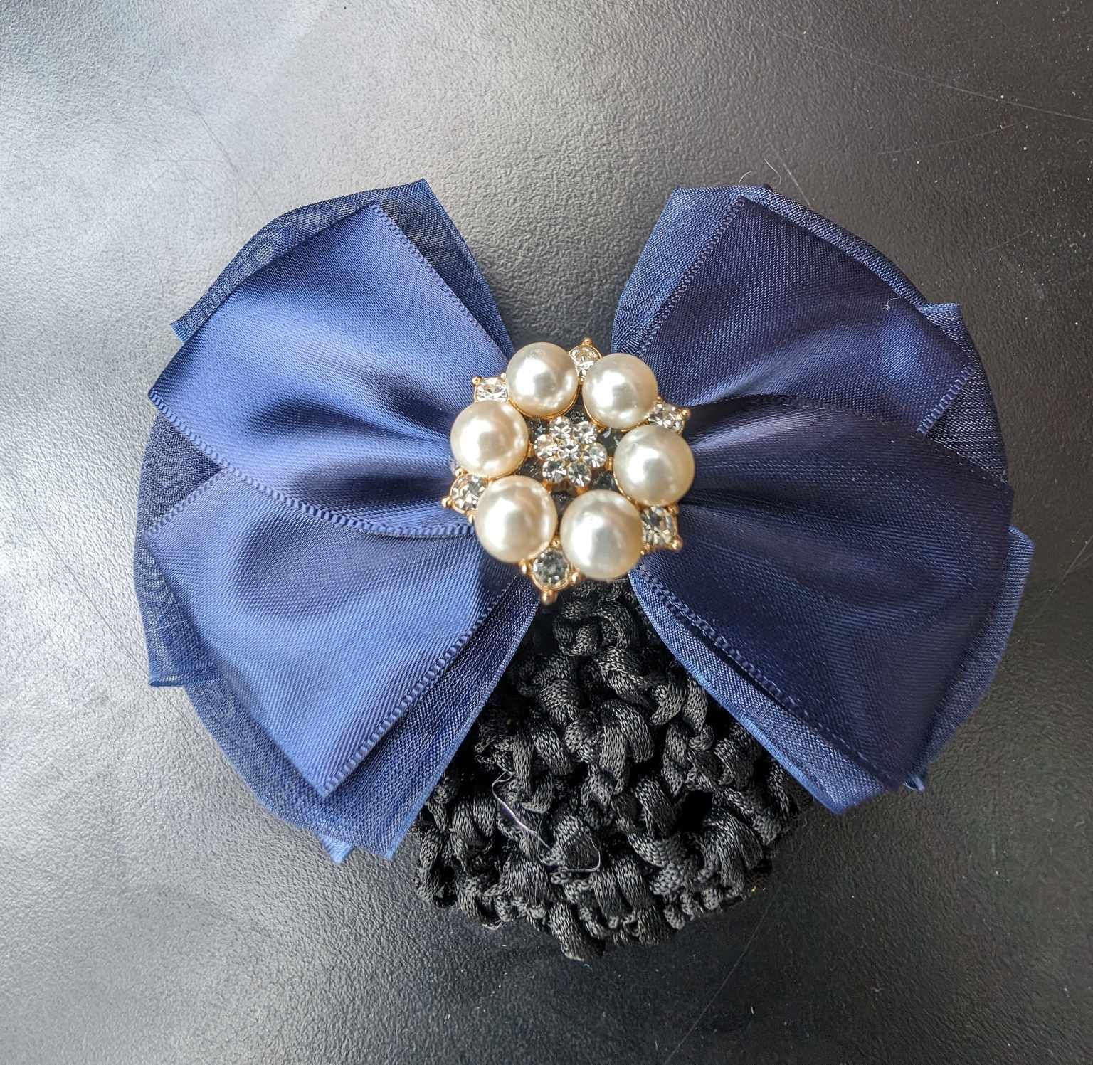 Hair Net- Navy Bow With Pearl And Crystal