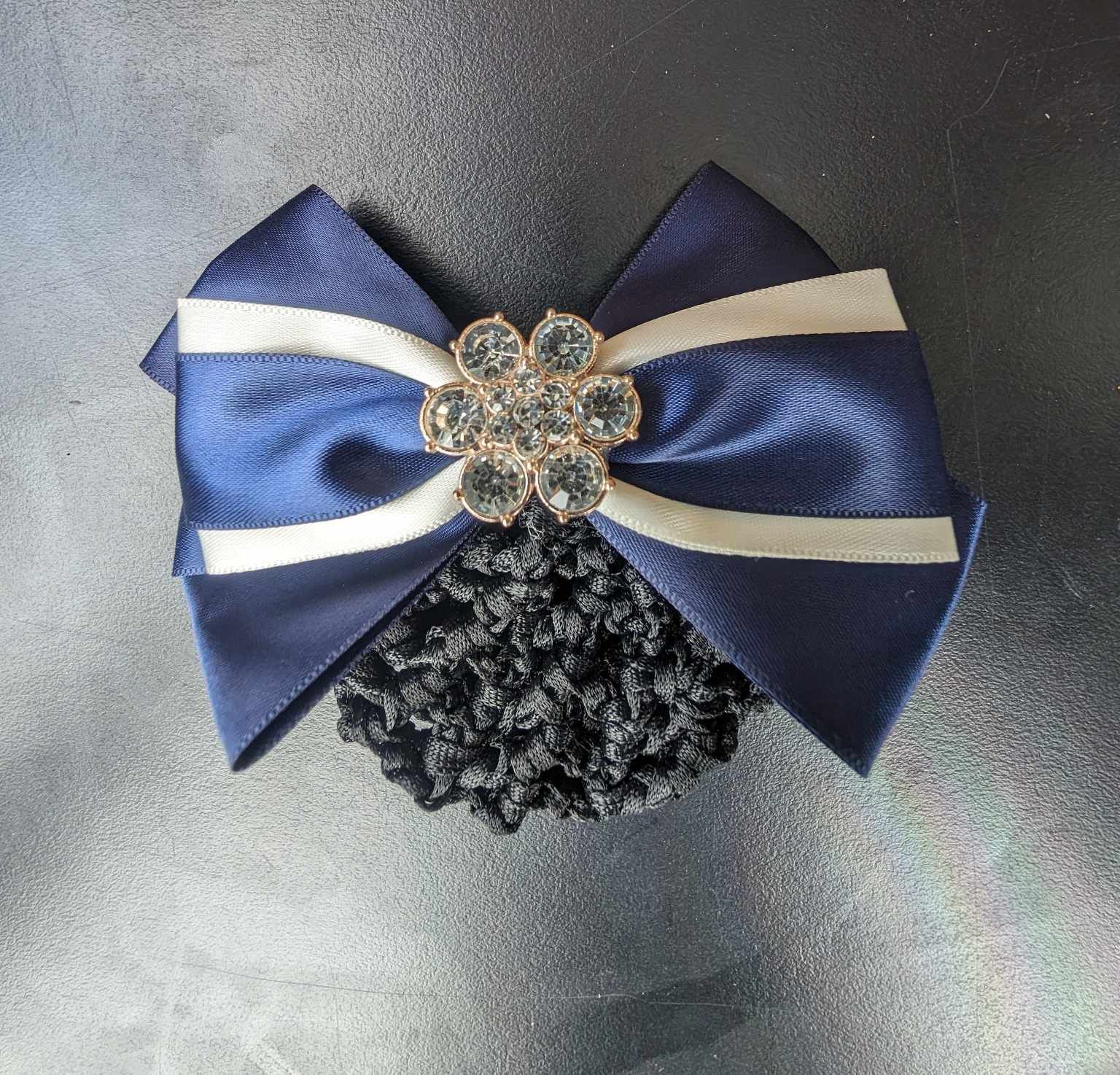 Hair Net- Navy Bow With Cream & Crystals